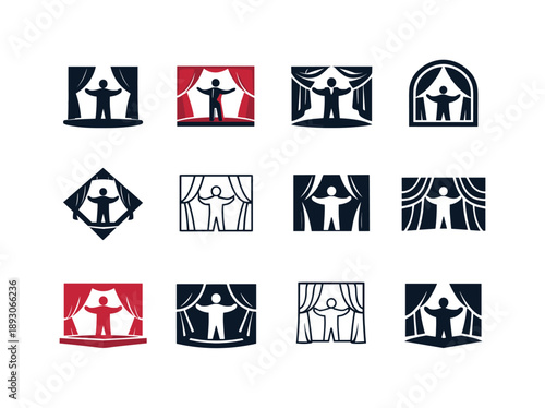 Theater Icon Variations. Theater performance. Icon set. Set Logo of theater performance: actor on stage with curtain. harmonious logo variations of the same