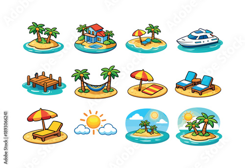 Private Island Icons. Private island. Colorful isometric vector icons set of private island: tropical island, palm trees, luxury villa, private