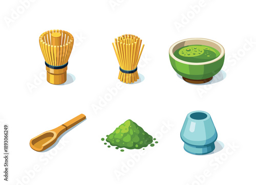 Zen Tea Icons. Zen Tea. Isometric flat vector icons set of Zen Tea: traditional bamboo whisk, finely cut whisk strands, serene tea bowl, bamboo scoop spoon,