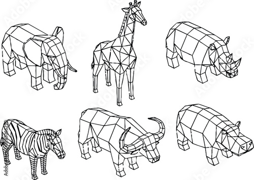 Low poly line art top view six african animals elephant giraffe rhinoceros zebra buffalo hippopotamus arranged on white background side angle vector illustration wire frame minimal