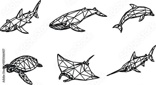 Low poly line art side view of shark whale dolphin manta ray sea turtle and swordfish swimming in geometric black and white composition vector set collection