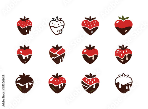 Chocolate Strawberry Icons. Chocolate-dipped strawberries. Icon set. Set Logo of Chocolate-dipped strawberries: strawberry with dripping chocolate. harmonious