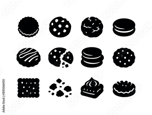 Chocolate Biscuit Icons. Chocolate biscuit. Solid icon set of Chocolate biscuit: chocolate biscuit, chocolate chip cookie, double chocolate cookie, chocolate