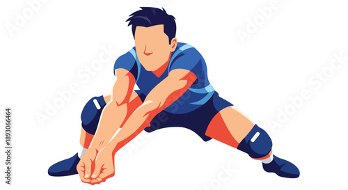 Illustration of a male athlete stretching his legs and hamstrings in a blue uniform on a white background.