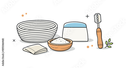 Sourdough Baking Essentials. Sourdough baking tools. A small set of sourdough tools like a banneton basket, dough scraper, and lame arranged neatly on a clean