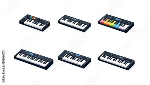 Digital Piano Icons. Digital Piano. Isometric flat vector icons set of Digital Piano: MIDI keyboard keys, compact digital piano keys, backlit keyboard keys,