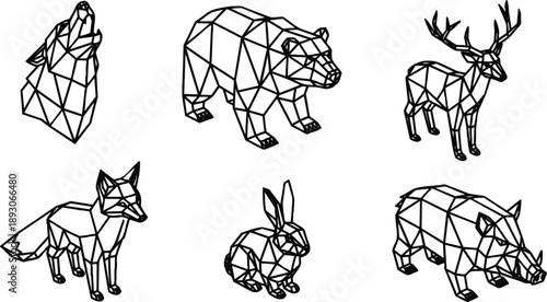 Low poly line art collection of howling wolf head standing bear stag fox rabbit and wild boar geometric wireframe animal set side view front scalable vector