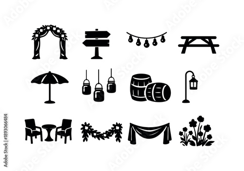 Outdoor Wedding Icons. Outdoor wedding decor. Solid icon set of outdoor wedding decor: garden arch, wooden sign, string lights, picnic table, parasol umbrella,