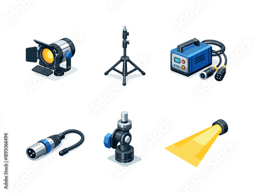 Studio Equipment Icons. Studio Equipment. Isometric flat vector icons set of Studio Equipment: spotlight lamp head, telescopic stand, ballast power unit, cable