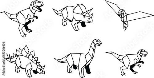 Origami style geometric dinosaur vector set six low poly outlined prehistoric creatures in various poses close up black line art minimalist playful looking forward facing different