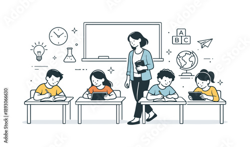 Modern Classroom Vibe. Modern school classroom. Students working quietly on notebooks and tablets while a teacher walks between desks. Focused study mood with