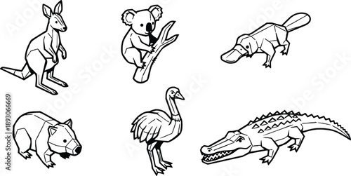 Line art geometric vector set showing six australian animals including kangaroo koala platypus wombat emu and crocodile side view simple black outline minimal style isolated icons
