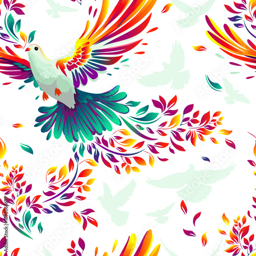 The colorful bird of peace, the dove Seamless pattern for fabric. hand drawing. Not AI. Vector illustration.