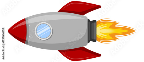Flat Design Vector Art. Stylized Red and Grey Rocket Ship Ascending with Fiery Exhaust, Symbolizing New Beginnings, Ambition and Technological Advancement