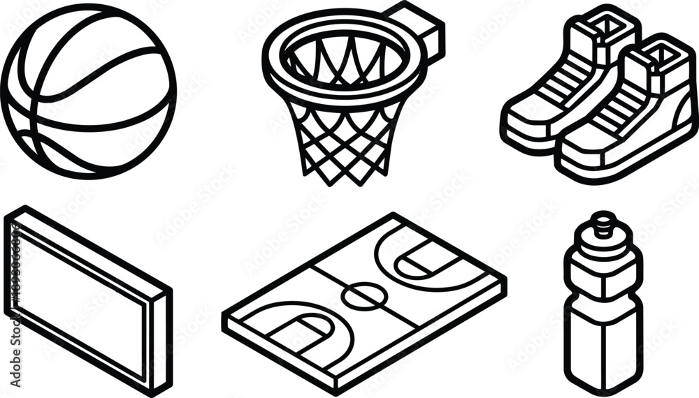 Fototapeta premium Isometric line art basketball equipment icons basketball hoop net ball court sneakers water bottle scoreboard panel set in minimal vector outline style clean sports illustration flat