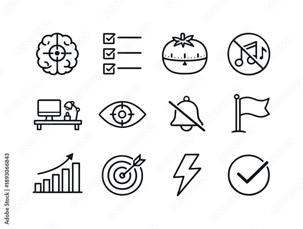 Obraz premium Focus Icon Set. Focus and productivity. Line icon set of Focus and productivity: focused brain, task list, timer pomodoro, distraction block, desk workspace,