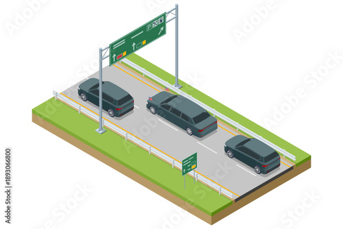 Isometric vector illustration of a presidential motorcade on a highway. Black limousine with flag escort by suv car under a road sign. Government transport, security convoy, and official travel