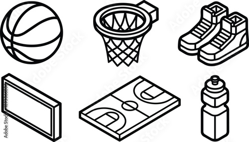 Isometric line art basketball equipment icons basketball hoop net ball court sneakers water bottle scoreboard panel set in minimal vector outline style clean sports illustration flat