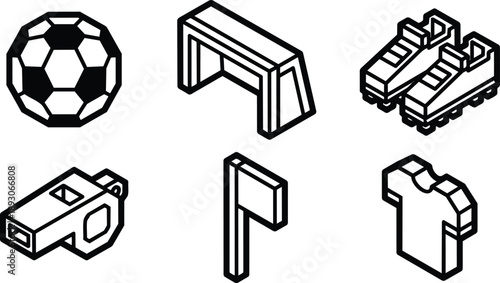 Isometric line art soccer equipment icons set showing close up football ball goal cleats whistle corner flag and jersey low angle clean white background minimal vector