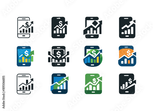 Financial App Logo Variations. Using a financial app. Icon set. Set Logo of using a financial app: smartphone with financial dashboard. harmonious logo