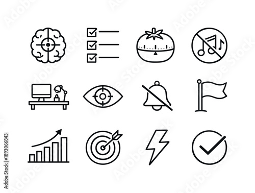 Focus Icon Set. Focus and productivity. Line icon set of Focus and productivity: focused brain, task list, timer pomodoro, distraction block, desk workspace,