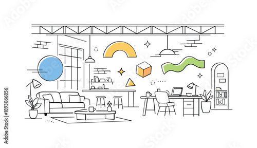 Modern Industrial Loft. Industrial interior design concept. A spacious loft interior with exposed brick walls, metal beams, and large windows, showing a