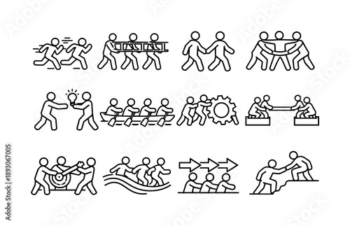 Motion Teamwork Icons. Motion-Based Teamwork. Line icon set of Motion-Based Teamwork: sprinting teammates, lifting ladder together, hand-in-hand walking,