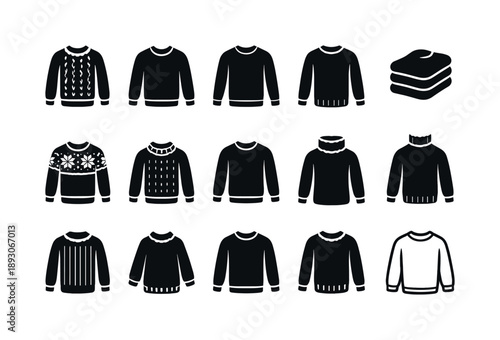 Black Sweater Icons. Sweater. Solid icon set of sweater: knitted sweater, crew neck sweater, long sleeve sweater, folded sweater, winter clothing, warm knit