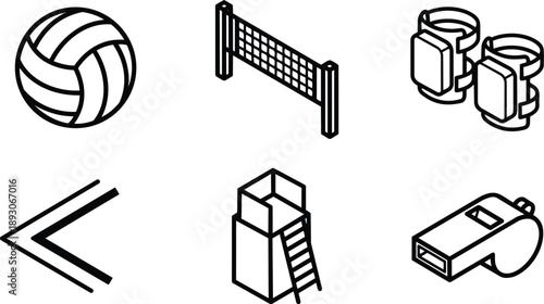 Isometric line art volleyball equipment icons set ball net referee stand ladder knee pads whistle chevron angle composition clean outline vector illustration monochrome minimal modern sports