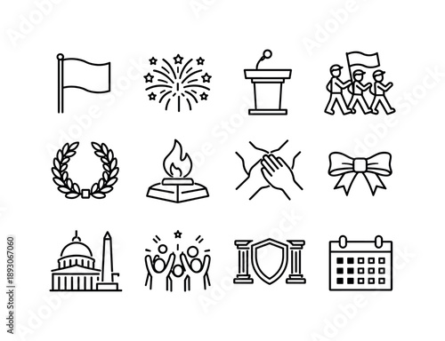 National Holiday Icons. National Holidays. Line icon set of National Holidays: national flag, fireworks finale, public speech podium, marching parade, wreath