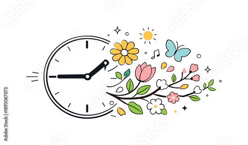 Springtime Clock Transformation. Symbolic Visuals: Clock Pointing to Spring. Abstract clock partially transforming into spring elements like flowers and
