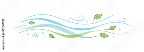 Spring Breeze Essence. Soft wind spring concept. Abstract curved lines flowing horizontally with small natural elements like leaves and grass tips. The scene