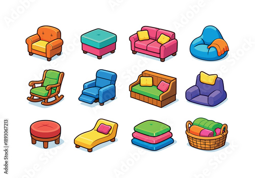 Colorful Cozy Seating Icons. Cozy seating. Colorful isometric vector icons set of cozy seating: cushioned armchair, ottoman, loveseat, beanbag, rocking chair,