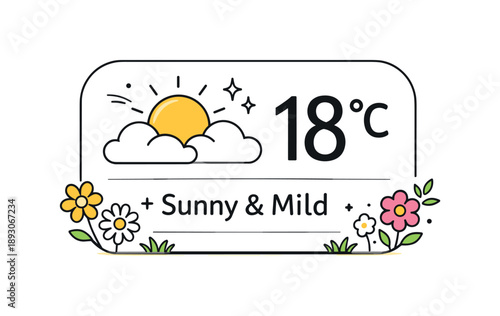 Spring Weather Widget. Spring weather widget. A compact card with sun, light clouds and temperature indicator surrounded by small flowers. Fresh seasonal