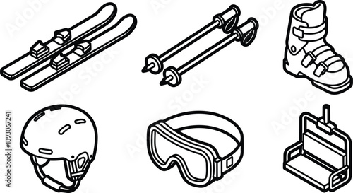 Line art isometric ski equipment icon set with skis poles boot helmet goggles chairlift isolated bold outline icons for winter sports gear and safety illustration vector