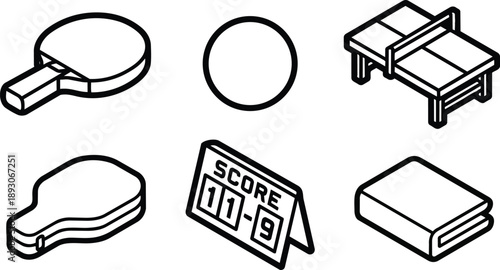 Isometric line art ping pong equipment set with paddle ball table scoreboard case and towel close up angled view simple black outline icons minimalist sporty vector