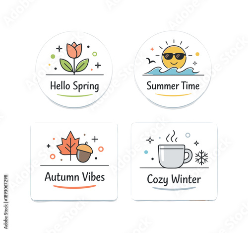 Minimalist Seasonal Badges. Minimalist seasonal badges for social media. Clean round and square badges inspired by different seasons, with simple icons and