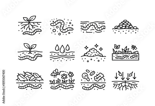 Garden Worm Ecosystem. Worms. Line icon set of worm?garden interactions: worm near roots, worm improving soil, worm aeration path, castings on soil, seedling