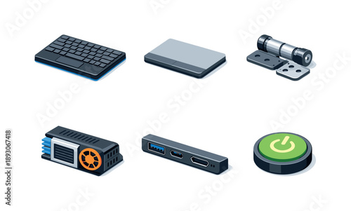 Isometric Laptop Hardware Icons. Laptop hardware. Isometric flat vector icons set of Laptop hardware: laptop keyboard module, laptop touchpad surface, hinge