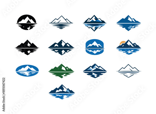 Lake Reflection Logos. Mountain lakes with reflective surfaces. Icon set. Set Logo of Mountain lakes with reflective surfaces: abstract
