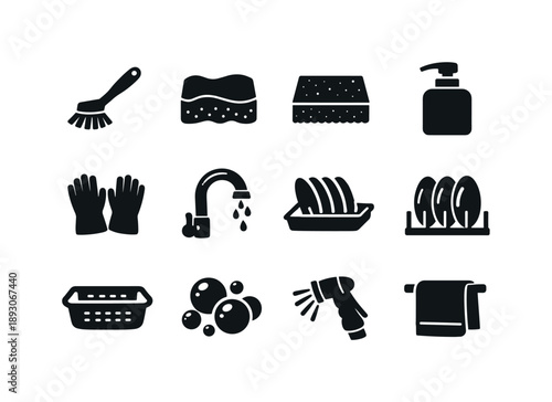 Dishwashing Tools Icons. Dishwashing tools. Solid icon set of Dishwashing tools: dish brush, sponge, scrub pad, soap dispenser, gloves pair, rinsing faucet,