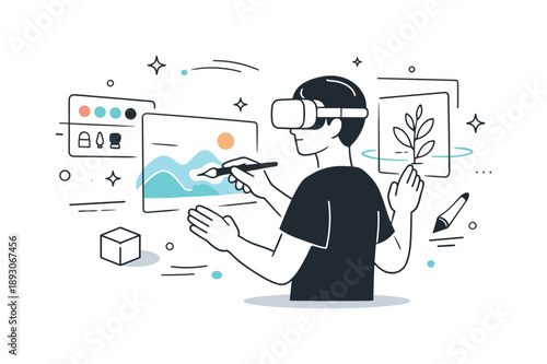 VR Artistry in Motion. Digital art creation in VR. An artist interacts with virtual brushes and holographic canvases suspended in space. Focused creativity,