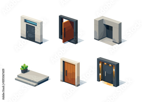 Modern Entrance Icons. Modern entrance. Isometric flat vector icons set of modern entrance: flush door facade, pivot front door, concrete entry wall, wooden