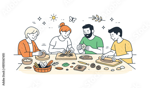 Nature Art Therapy. Nature-based art therapy workshop. Small group creating simple artworks with clay, dried plants, and natural textures, friendly