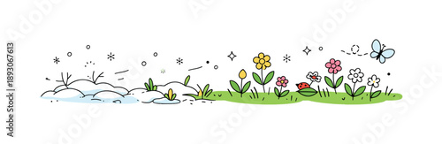 Spring Renewal Illustration. Winter to spring transformation illustration. Minimal frost-covered ground gradually showing green shoots and small flowers,