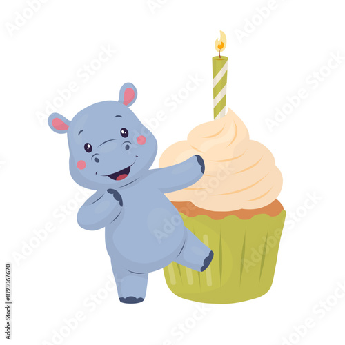 Adorable baby hippopotamus character hugging a birthday cupcake with creamy frosting and a lit candle. Cute pastel flat vector illustration isolated on white background for kids invitations, greeting