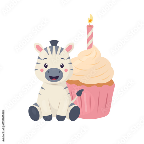 A cute baby zebra sits next to a pink birthday cupcake with a candle. This flat vector illustration features delicate pastel colors and soft shadows. Suitable for children's cards, invitations