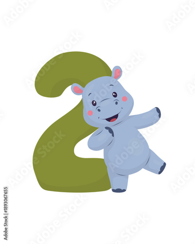 Smiling baby hippopotamus character posing with big green number two. Cute second birthday illustration. Pastel flat vector isolated on white background, perfect for toddler birthday invitations