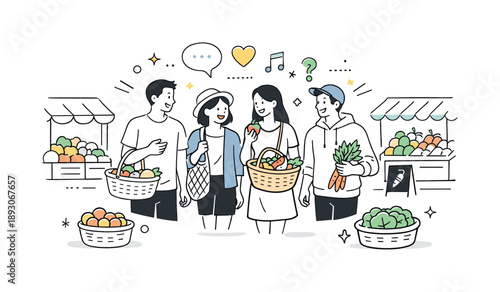 Market Day Adventure. Friends shopping at a local market. A small group of friends walking between market stalls, chatting and smiling while choosing fresh