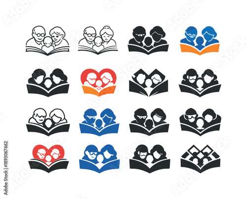 Grandparents Reading Icons. Grandparents reading to grandchildren. Icon set. Set Logo of Grandparents reading to grandchildren: elder and child heads over